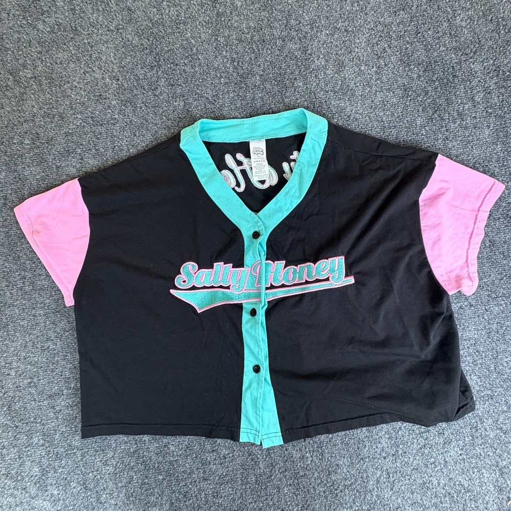 Salty Honey‎ Cropped Jersey Womens XS Black Pink Teal Cotton Casual Button Front